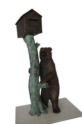 Bear beside a Tree with Mailbox Bronze Statue -  Size: 19"L x 20"W x 50"H.