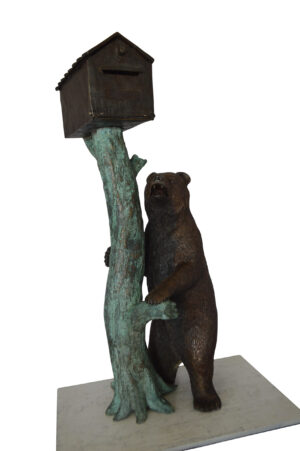 Bear beside a Tree with Mailbox Bronze Statue -  Size: 19"L x 20"W x 50"H.