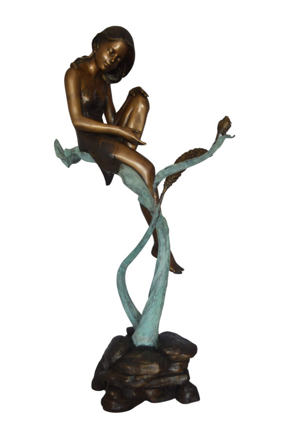 Beautiful Young Girl Sitting on a Tree Bronze Statue -  35"L x 50"W x 55"H.