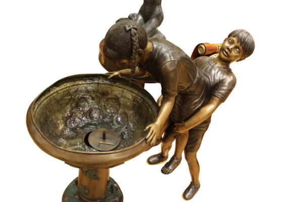 Boy Girl Drinking From Fountain Bronze Statue -  Size: 44"L x 24"W x 42"H.