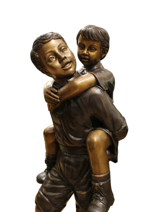 Boy Giving Girl Piggyback Ride Bronze Statue -  Size: 23"L x 16"W x 46"H.