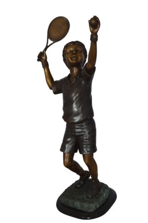 Boy Playing Tennis Bronze Statue -  Size: 12"L x 8"W x 25"H. 