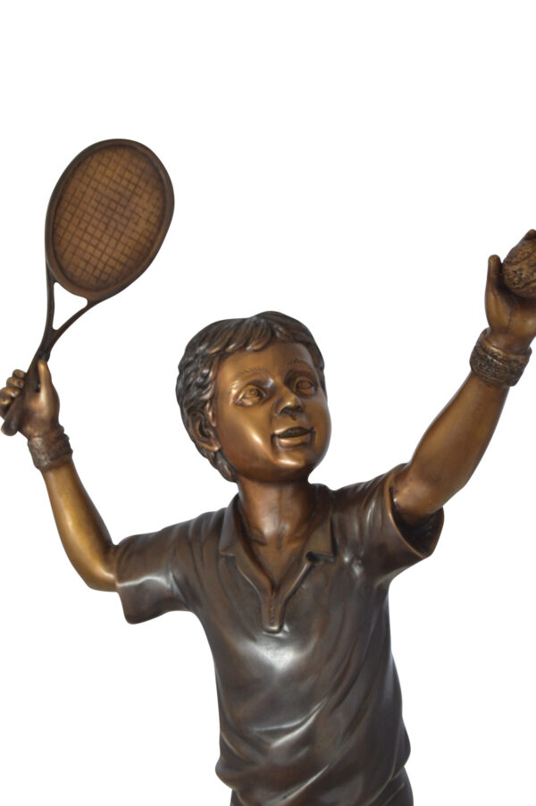 Boy Playing Tennis Bronze Statue -  Size: 12"L x 8"W x 25"H.