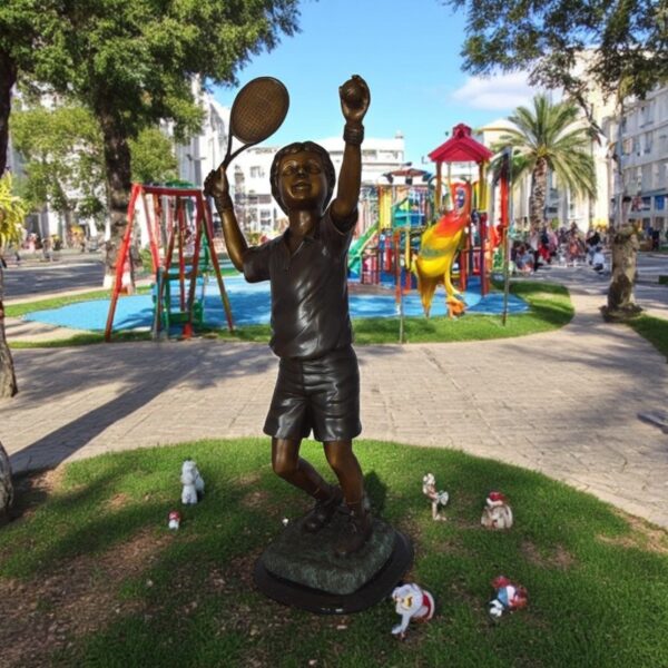 Boy Playing Tennis Bronze Statue -  Size: 12"L x 8"W x 25"H. - Image 3