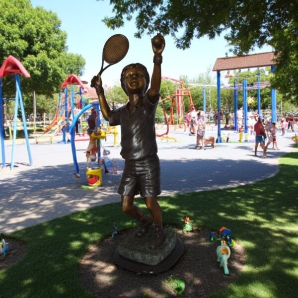 Boy Playing Tennis Bronze Statue -  Size: 12"L x 8"W x 25"H. - Image 2