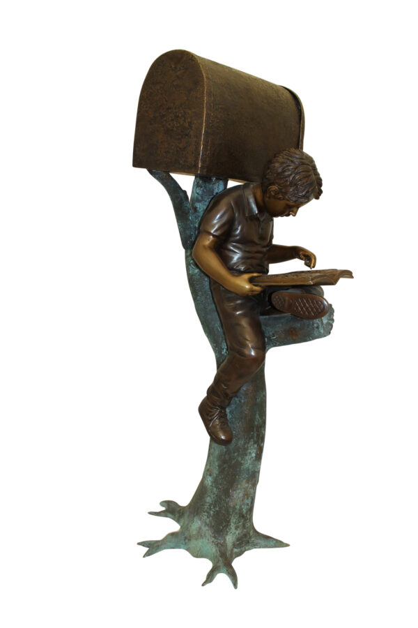 Boy Sitting by a Mailbox reading a book Bronze Statue -  16"L x 20"W x 50"H.