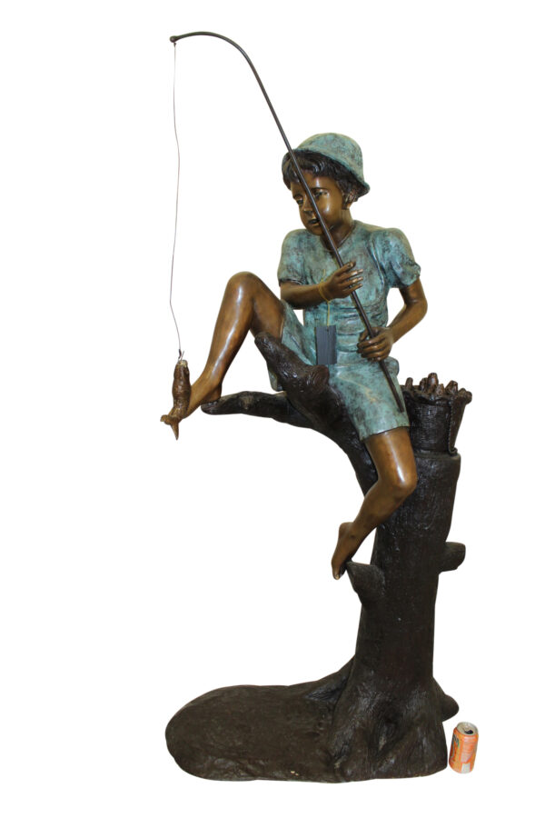 Boy Sitting on a Tree and Fishing Bronze Statue -  Size: 36"L x 21"W x 37"H.