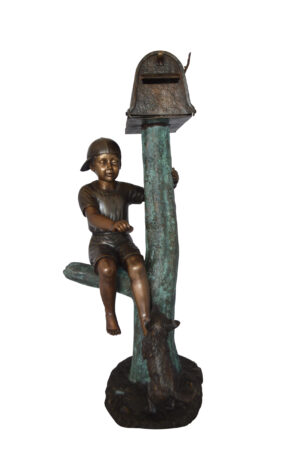 Boy Sitting on a Tree with Mailbox Bronze Statue -  Size: 22"L x 23"W x 49"H. 