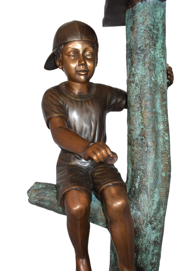 Boy Sitting on a Tree with Mailbox Bronze Statue -  Size: 22"L x 23"W x 49"H.