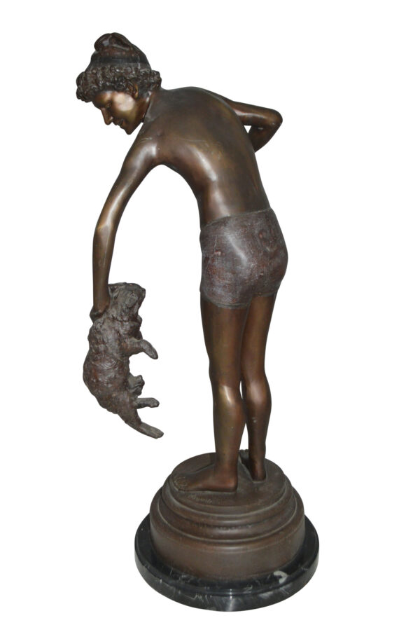 Boy holding a Dog and a Bird Bronze Statue -  Size: 15"L x 15"W x 36"H.