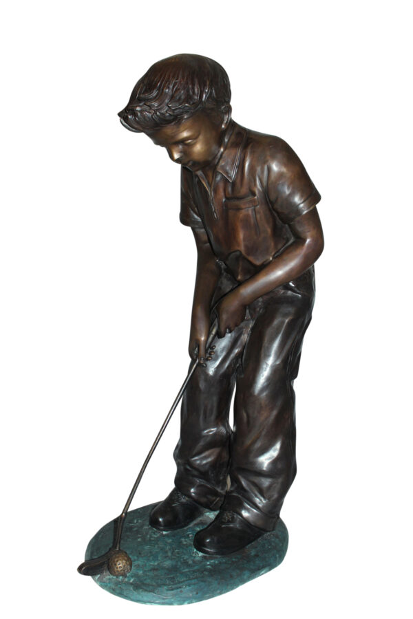 Boy plays golf Bronze Statue -  Size: 14"L x 18"W x 37"H.