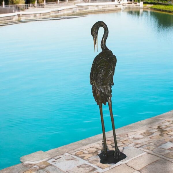Crane head down fountain Bronze Statue -  Size: 10"L x 9"W x 44"H. - Image 2