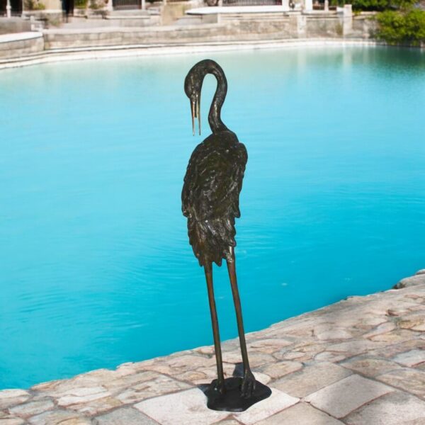 Crane head down fountain Bronze Statue -  Size: 10"L x 9"W x 44"H. - Image 3