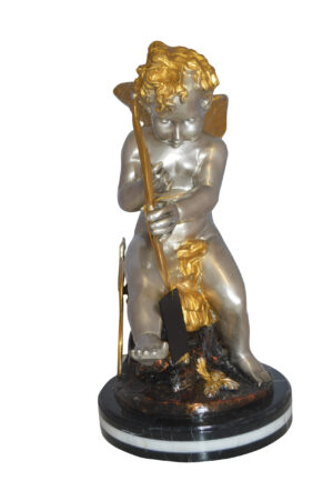 Cupid Boy On A Rock Bronze Statue  -  Size: 20"L x 15"W x 26"H.