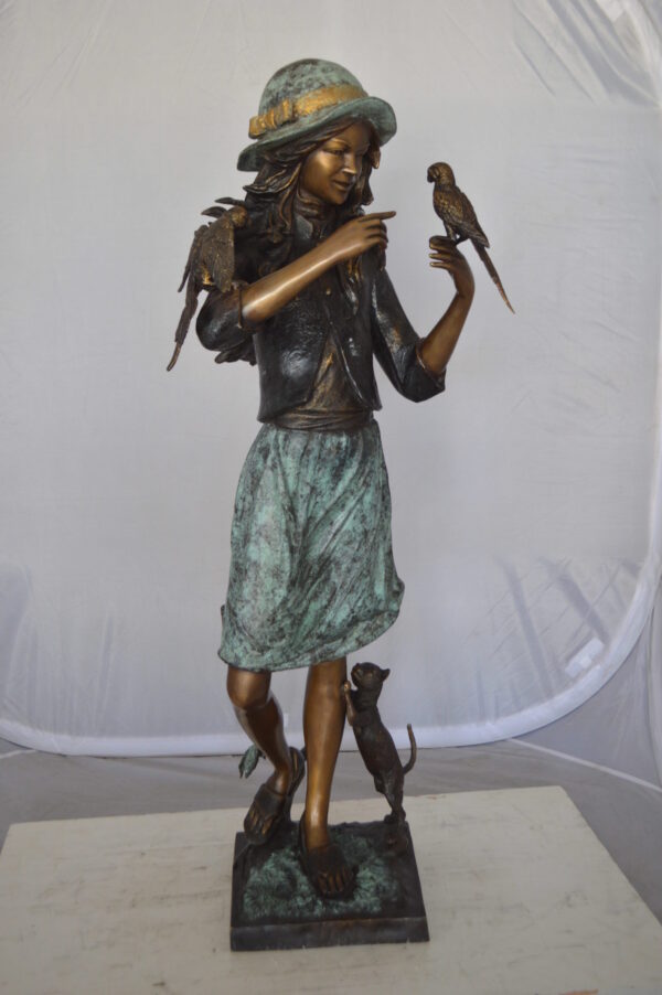 Standing girl with parrots Bronze Statue -  Size: 15"L x 16"W x 41"H.