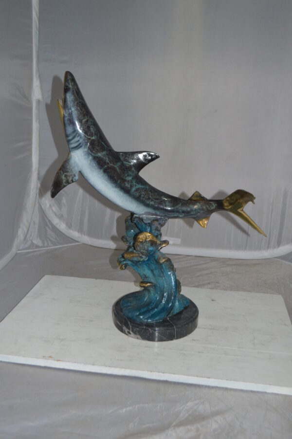 Shark Jumping off the water Bronze Statue -  Size: 14"L x 24"W x 28"H.