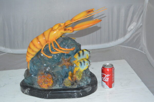 Lobster with Fish Bronze Statue -  Size: 9"L x 18"W x 16"H.