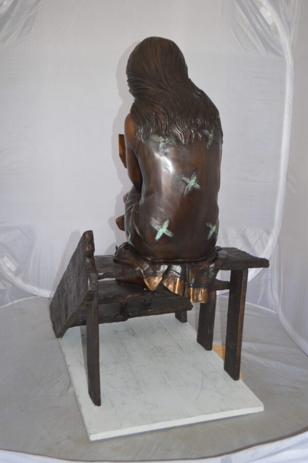 Girl Reading Letters on the Stairs Bronze Statue -  Size: 32"L x 22"W x 40"H.