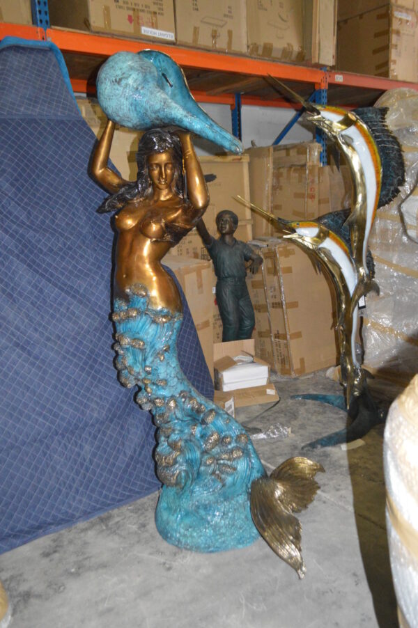 Mermaid holding a shell - large Bronze Statue -  Size: 43"L x 30"W x 76"H.