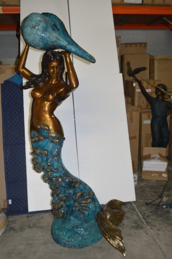 Mermaid holding a shell - large Bronze Statue -  Size: 43"L x 30"W x 76"H.