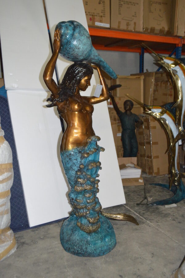 Mermaid holding a shell - large Bronze Statue -  Size: 43"L x 30"W x 76"H.