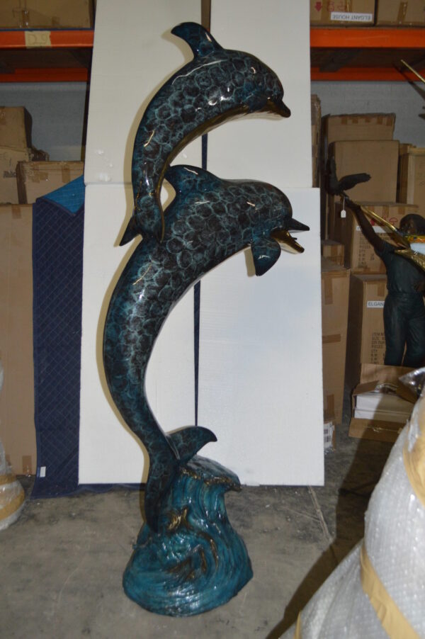 Two Dolphins Overreach Others on Waves Bronze Statue -  44"L x 23"W x 76"H.