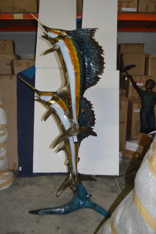 Two - large Sailfish fish Bronze Statue -  Size: 30"L x 43"W x 79"H.