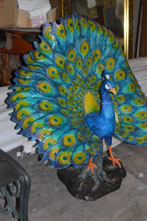 Colorful Peacock Bronze Statue -  Size: 24"L x 39"W x 35"H.