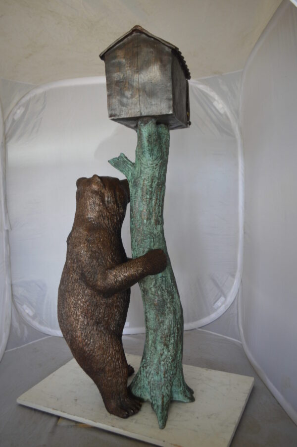 Bear beside a Tree with Mailbox Bronze Statue -  Size: 19"L x 20"W x 50"H.