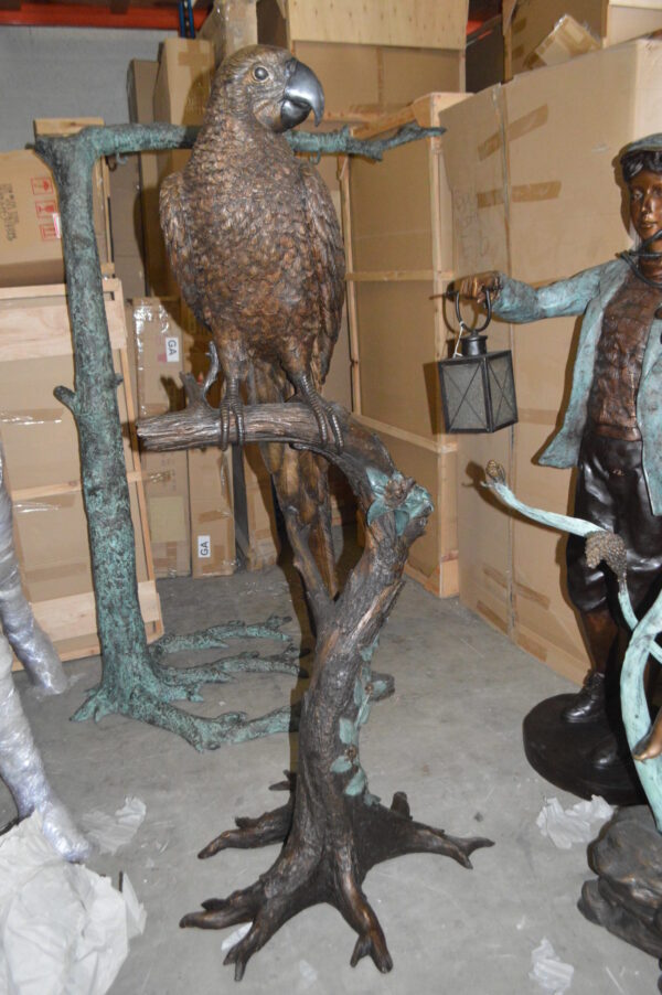 Parrot On A Tree Bronze Statue -  Size: 30"L x 24"W x 66"H.