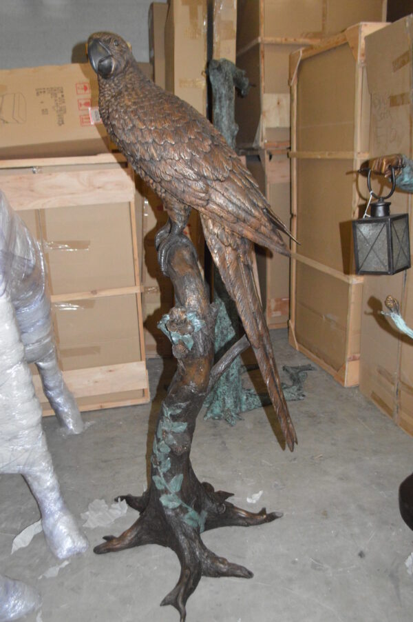 Parrot On A Tree Bronze Statue -  Size: 30"L x 24"W x 66"H.