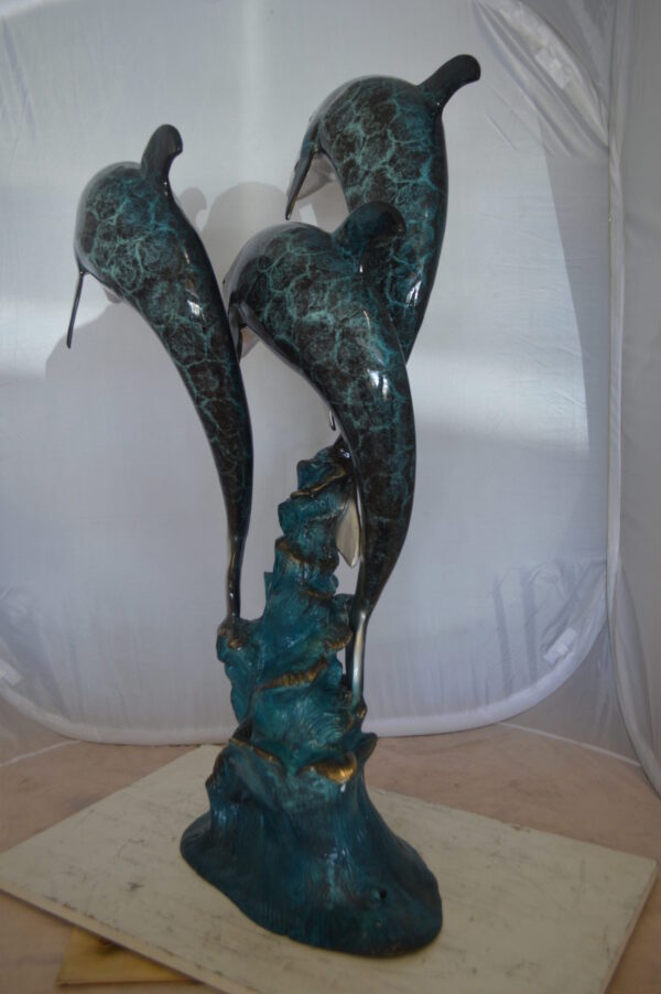 Three Dolphin Fountain  Bronze Statue -  Size: 21"L x 26"W x 45"H.