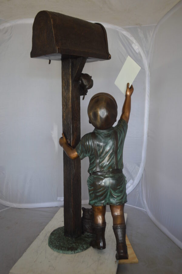 Standing Boy by Mailbox with Two cats  Bronze Statue -  23"x 19"x 50"H.