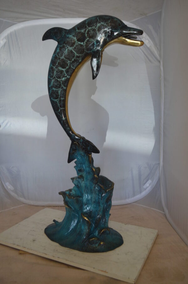 Single Dolphin  Fountain Bronze Statue -  Size: 22"L x 14"W x 45"H.