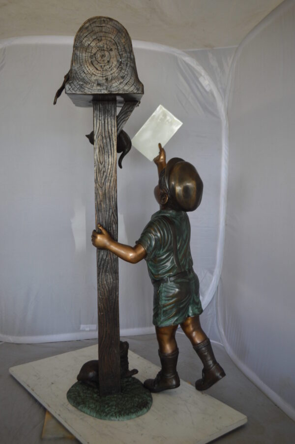 Standing Boy by Mailbox with Two cats  Bronze Statue -  23"x 19"x 50"H.