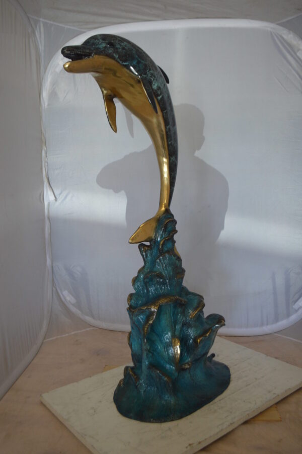 Single Dolphin  Fountain Bronze Statue -  Size: 22"L x 14"W x 45"H.