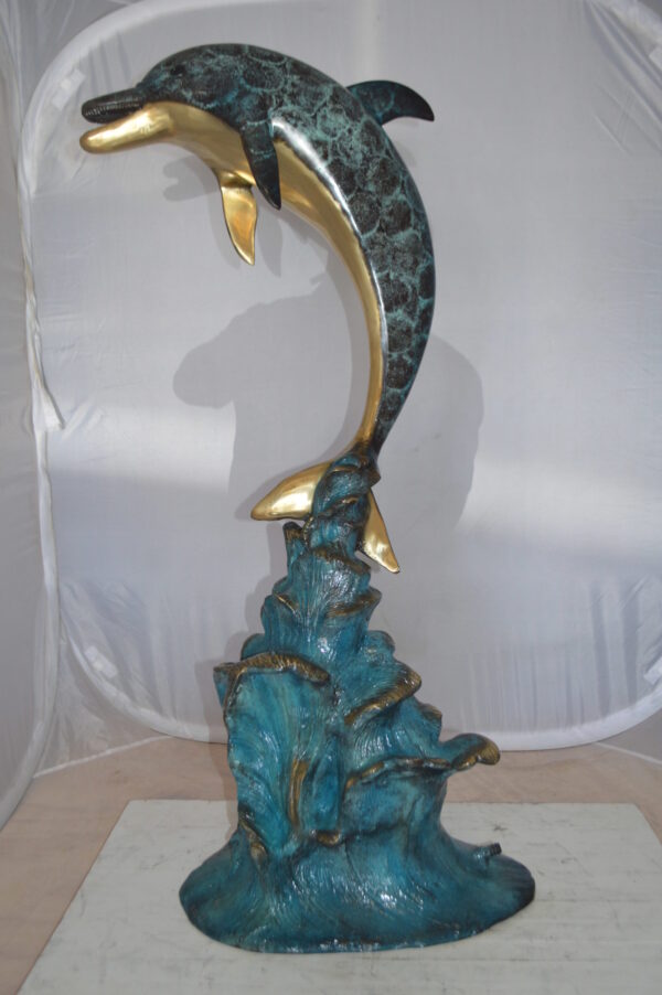 Single Dolphin  Fountain Bronze Statue -  Size: 22"L x 14"W x 45"H.