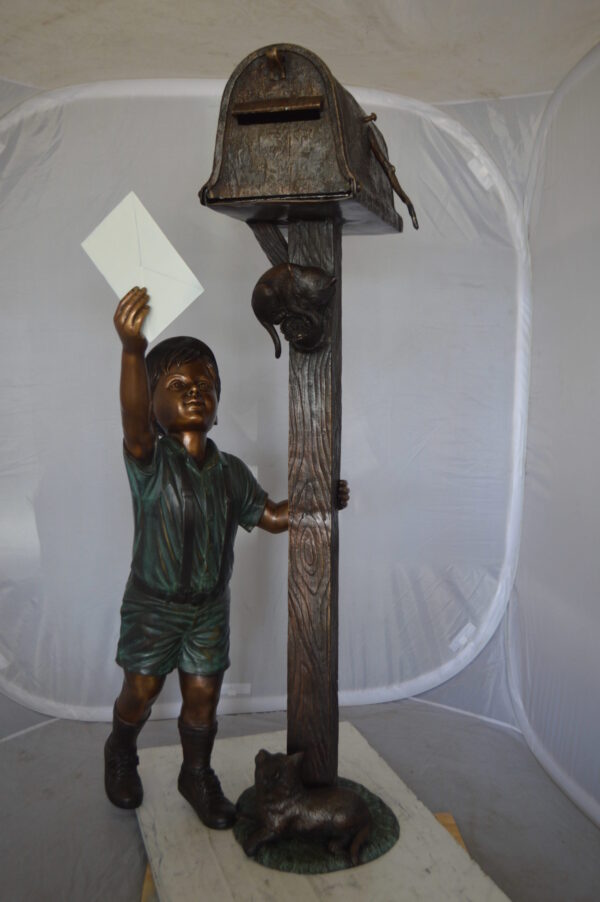 Standing Boy by Mailbox with Two cats  Bronze Statue -  23"x 19"x 50"H.