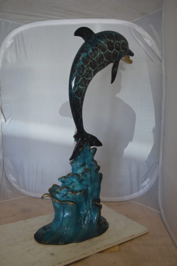 Single Dolphin  Fountain Bronze Statue -  Size: 22"L x 14"W x 45"H.