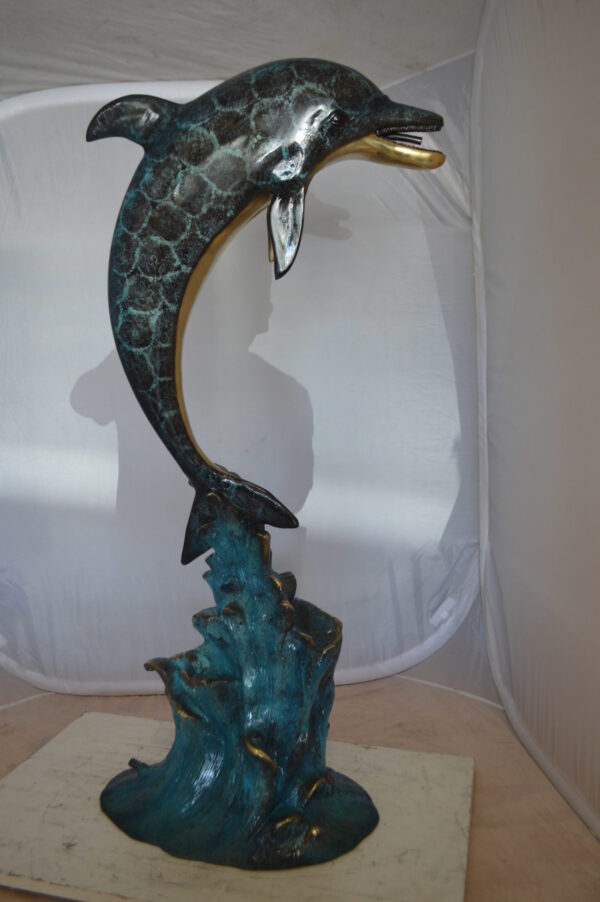 Single Dolphin  Fountain Bronze Statue -  Size: 22"L x 14"W x 45"H.