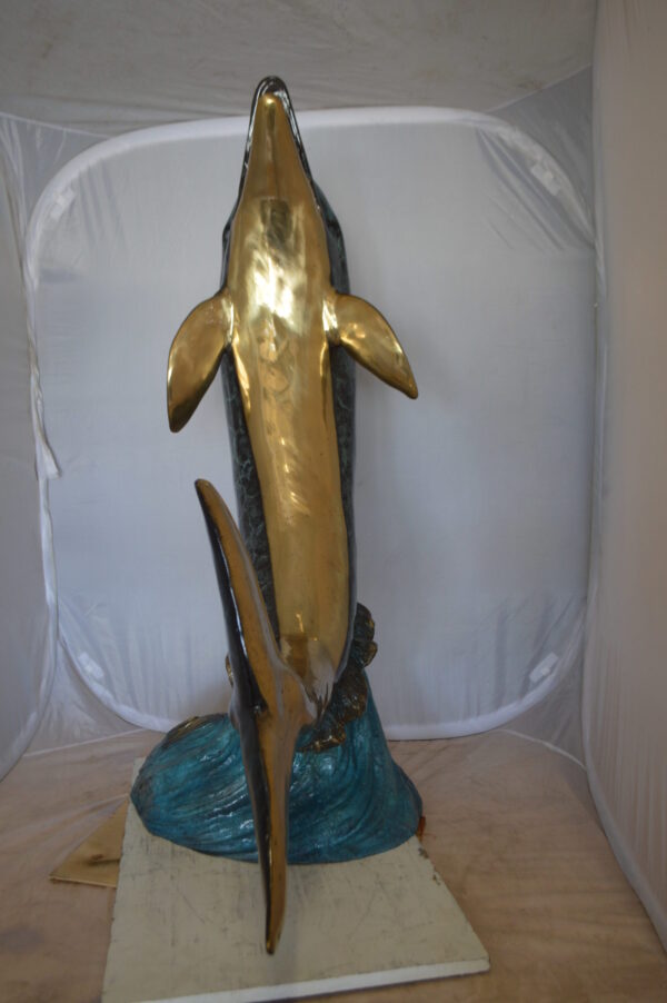 Single Dolphin  On Wave Fountain Bronze Statue -  Size: 48"L x 24"W x 53"H.