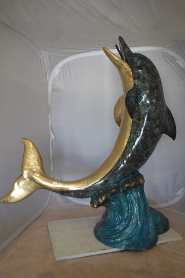 Single Dolphin  On Wave Fountain Bronze Statue -  Size: 48"L x 24"W x 53"H.