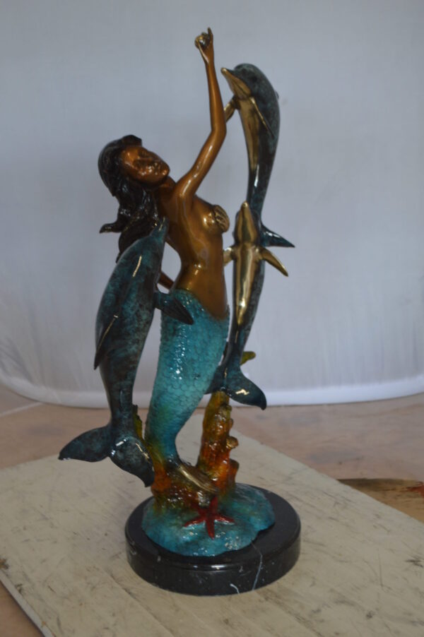 Mermaid With Three Dolphins Bronze Statue -  Size: 15"L x 8"W x 25"H.