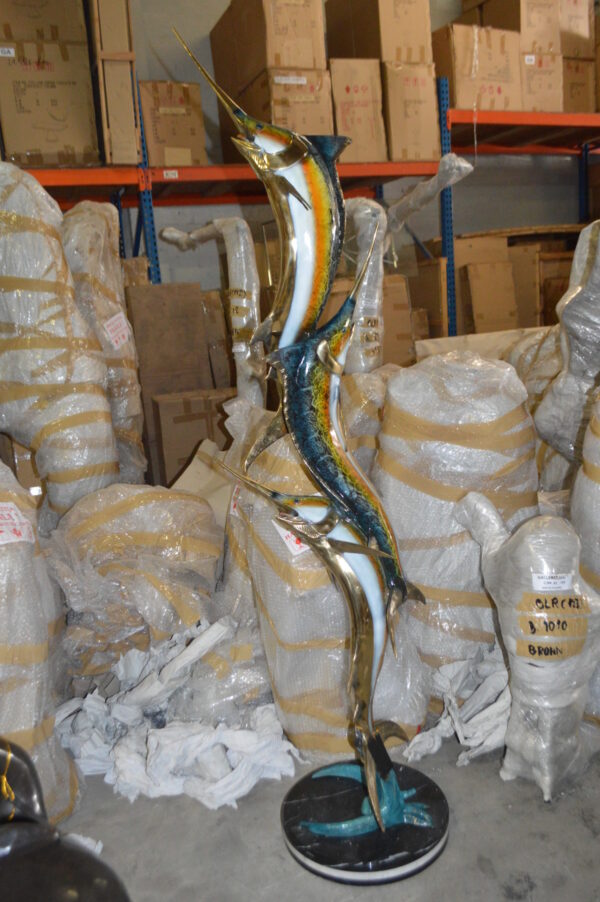 Three Marlin Fish /bronze Fountain on Triple Marble -  15"x 18"x 77"H.