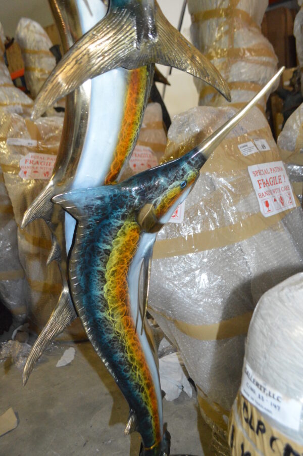 Three Marlin Fish /bronze Fountain on Triple Marble -  15"x 18"x 77"H.