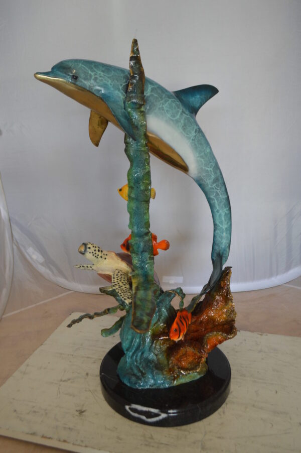 Dolphin , Turtle And Fish Bronze Statue -  Size: 18"L x 16"W x 25"H.