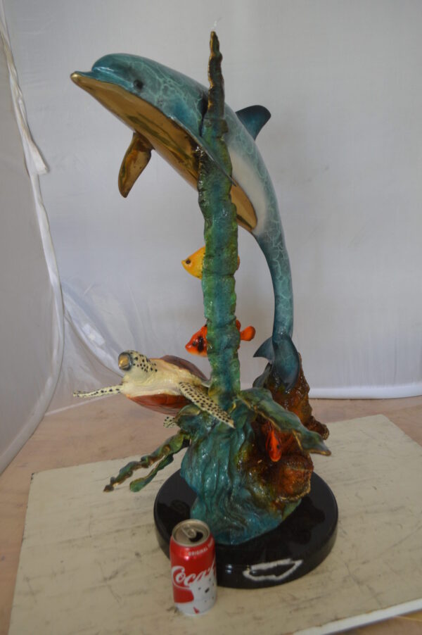 Dolphin , Turtle And Fish Bronze Statue -  Size: 18"L x 16"W x 25"H.