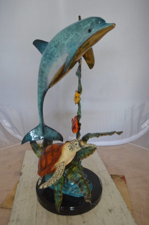 Dolphin , Turtle And Fish Bronze Statue -  Size: 18"L x 16"W x 25"H.