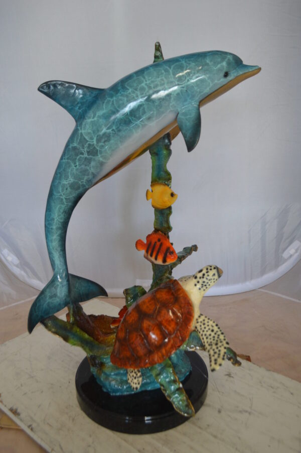 Dolphin , Turtle And Fish Bronze Statue -  Size: 18"L x 16"W x 25"H.