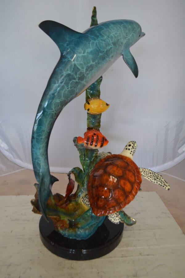 Dolphin , Turtle And Fish Bronze Statue -  Size: 18"L x 16"W x 25"H.